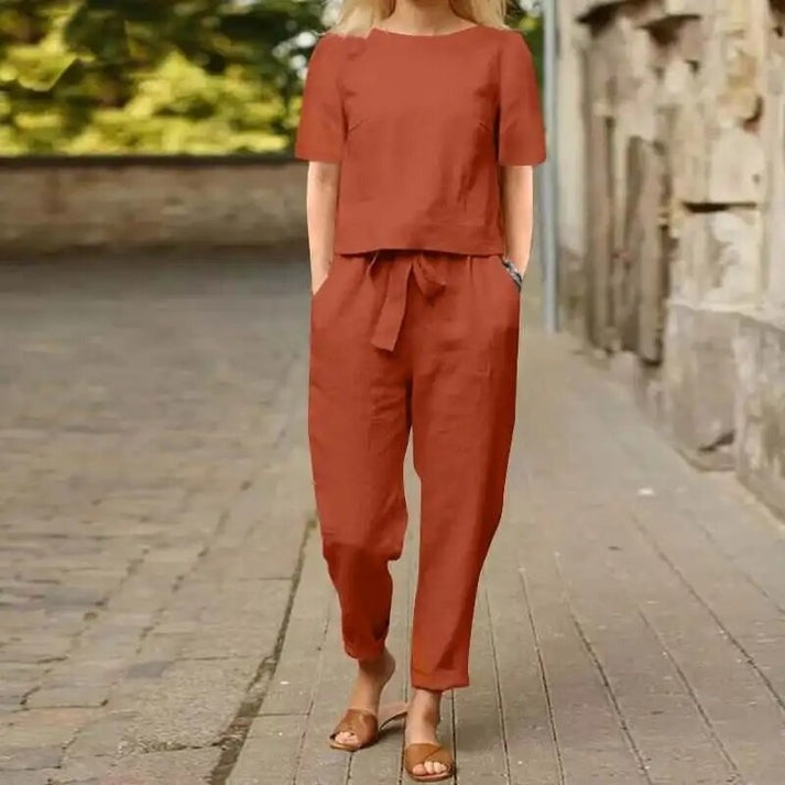 Amelia | Women's Co Ord Pant Set Short Sleeve Top and Tie Waist Pants