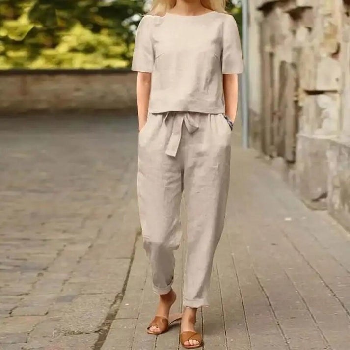 Amelia | Women's Co Ord Pant Set Short Sleeve Top and Tie Waist Pants