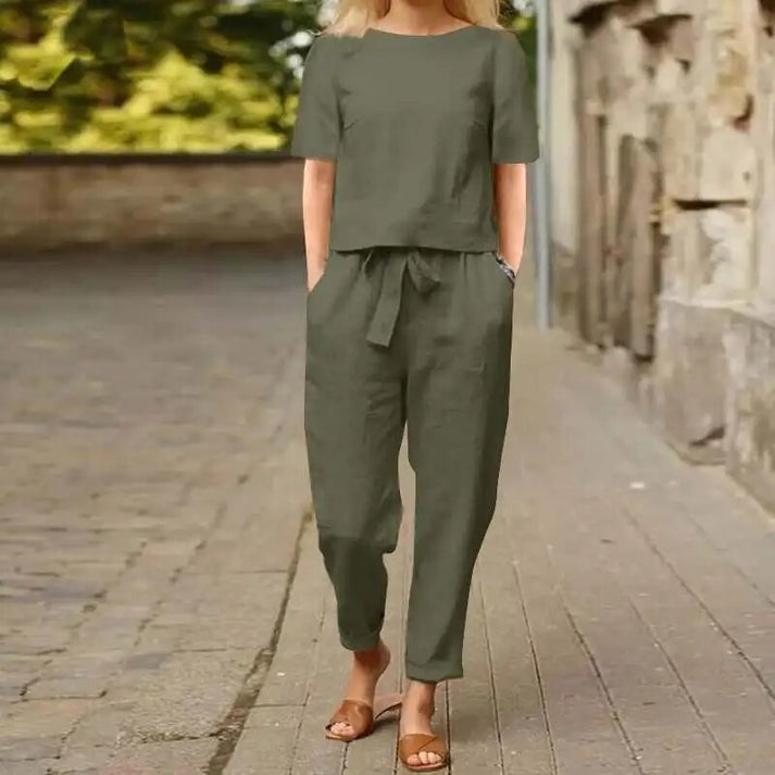 Amelia | Women's Co Ord Pant Set Short Sleeve Top and Tie Waist Pants