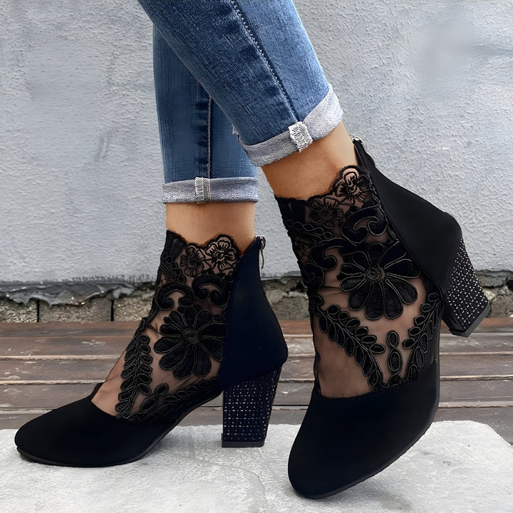 Audrey | Women's Lace Block Heels Ankle Boots with Zip
