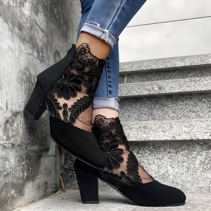 Audrey | Women's Lace Block Heels Ankle Boots with Zip