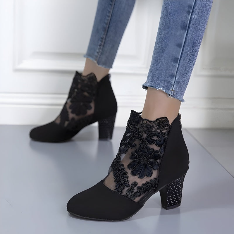 Audrey | Women's Lace Block Heels Ankle Boots with Zip