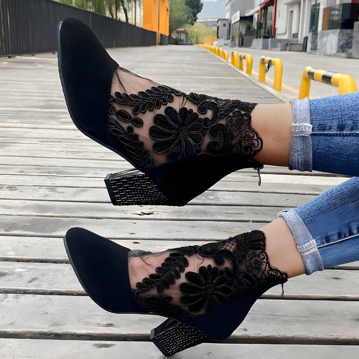 Audrey | Women's Lace Block Heels Ankle Boots with Zip