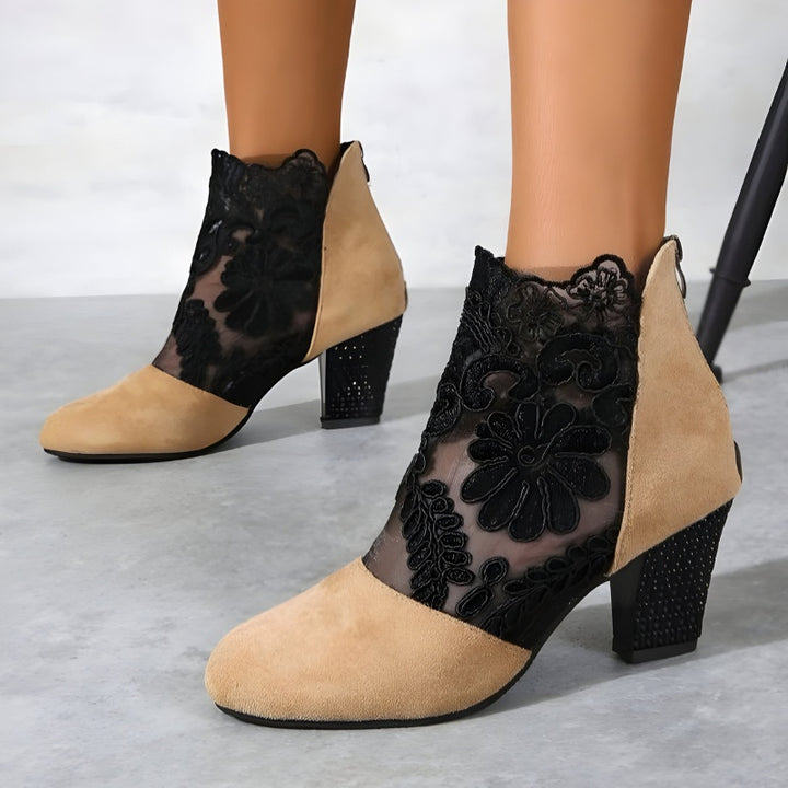 Audrey | Women's Lace Block Heels Ankle Boots with Zip