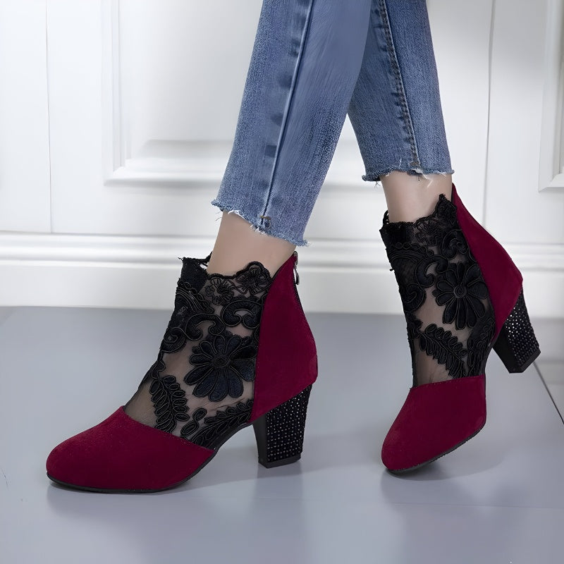 Audrey | Women's Lace Block Heels Ankle Boots with Zip