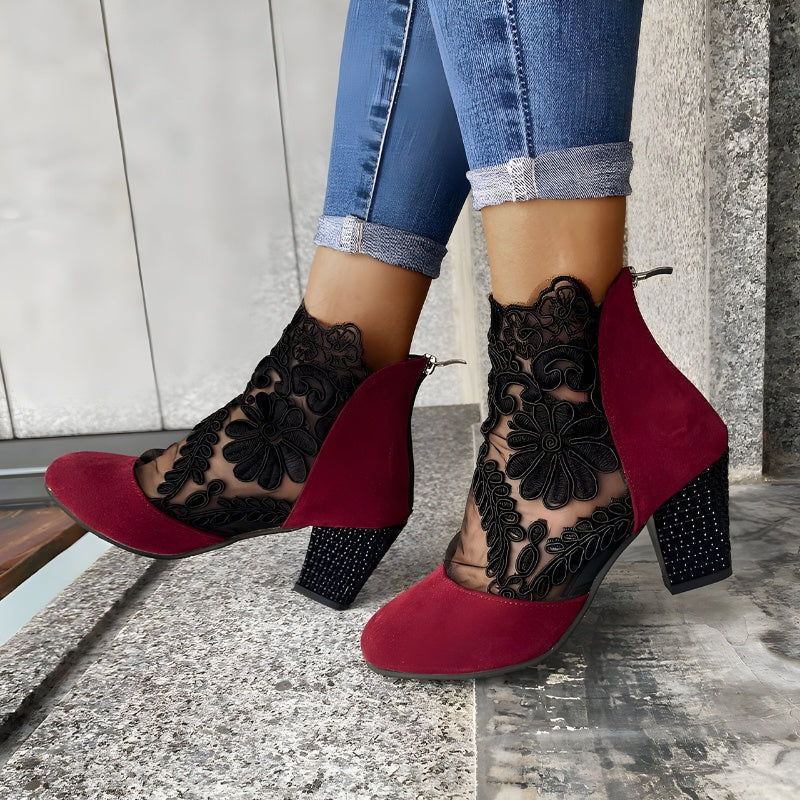 Audrey | Women's Lace Block Heels Ankle Boots with Zip