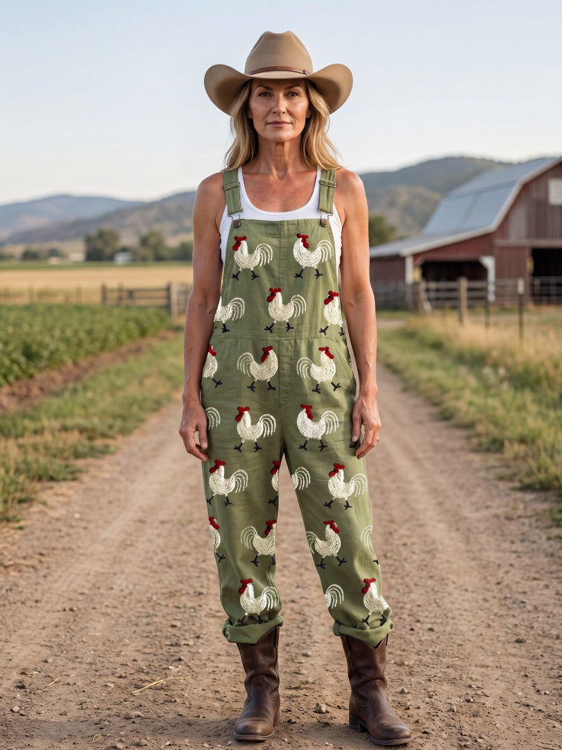 Audrey | Women's Rooster Embroidered Jumpsuit Dungarees
