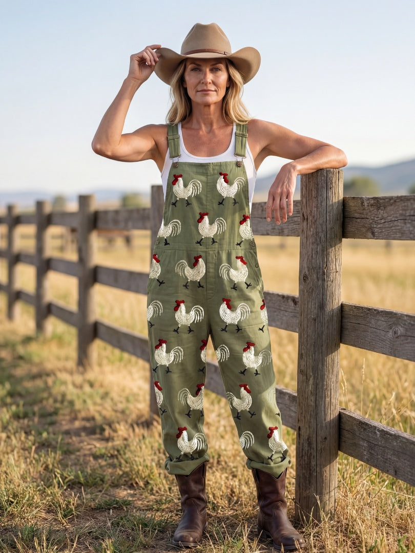 Audrey | Women's Rooster Embroidered Jumpsuit Dungarees