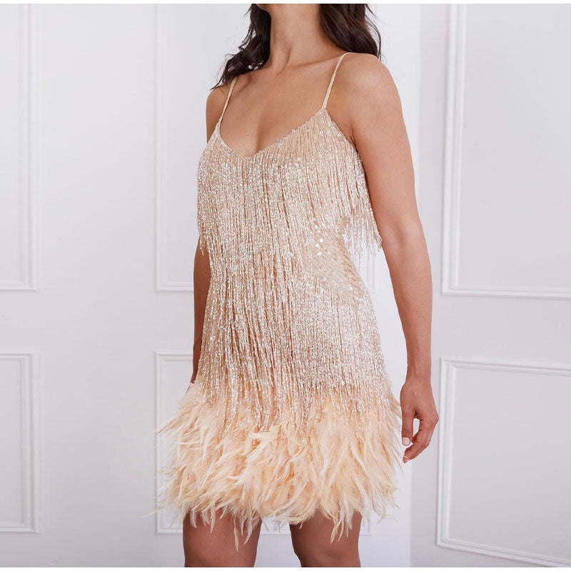 Ava | Women's Fringe Mini Cocktail Dress with Feather Hem