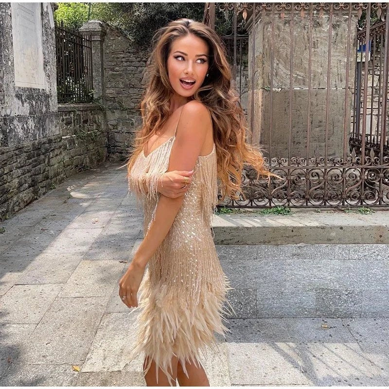 Ava | Women's Fringe Mini Cocktail Dress with Feather Hem