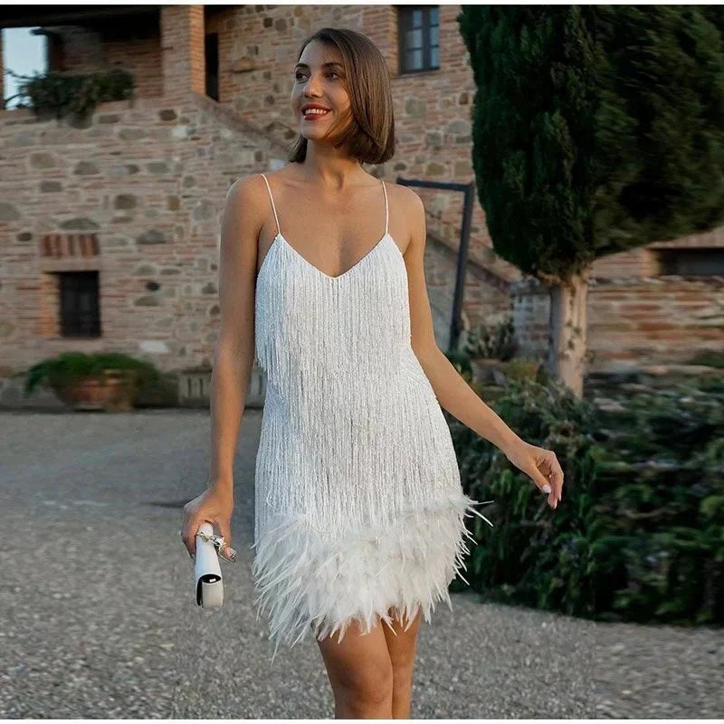Ava | Women's Fringe Mini Cocktail Dress with Feather Hem