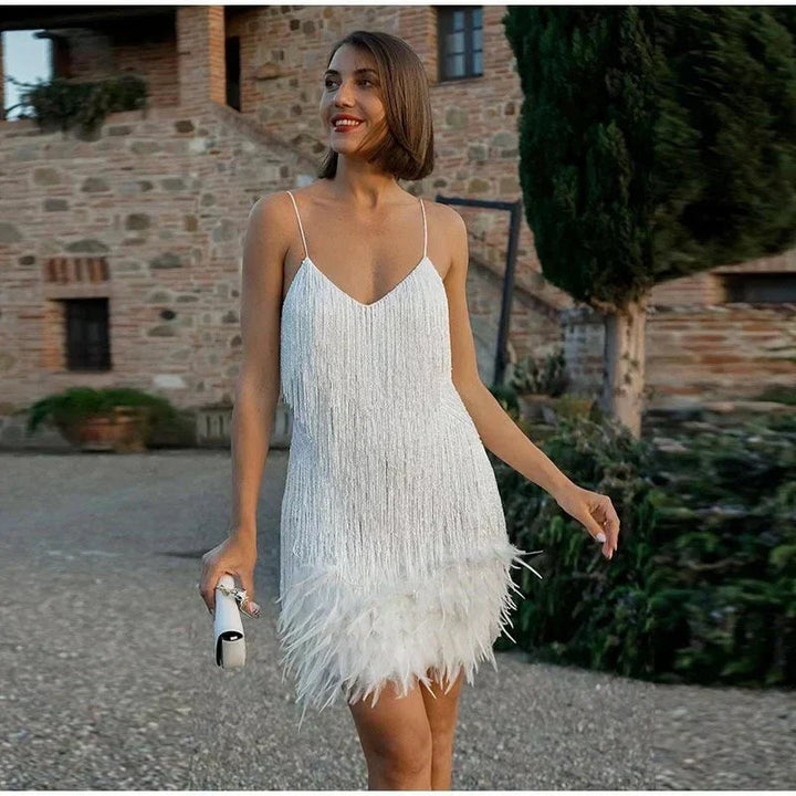 Ava | Women's Fringe Mini Cocktail Dress with Feather Hem