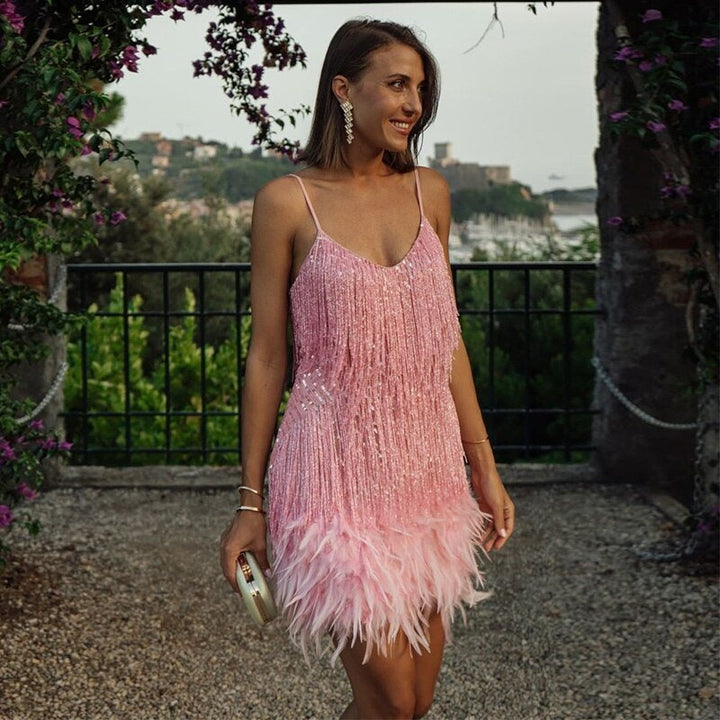 Ava | Women's Fringe Mini Cocktail Dress with Feather Hem