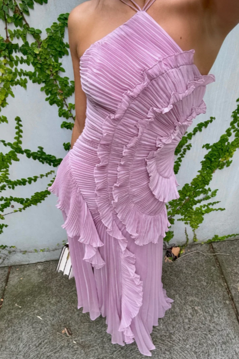 Ava | Women's Pleated Halter Midi Dress with Ruffles