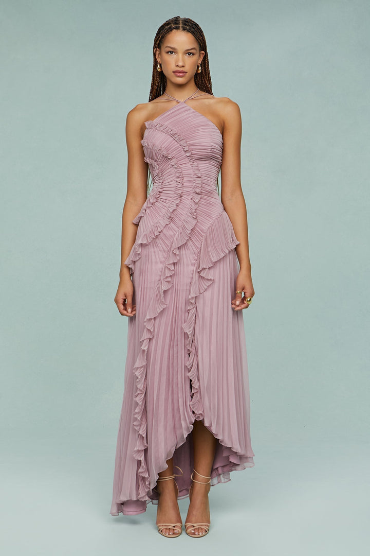 Ava | Women's Pleated Halter Midi Dress with Ruffles
