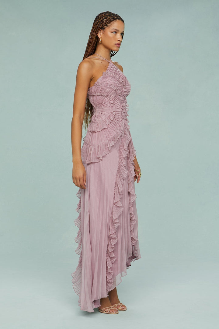 Ava | Women's Pleated Halter Midi Dress with Ruffles