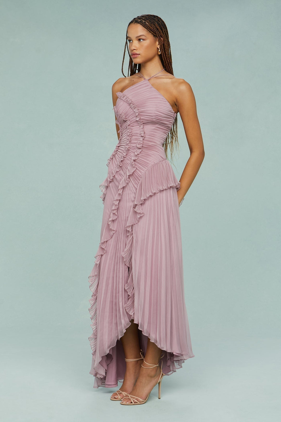 Ava | Women's Pleated Halter Midi Dress with Ruffles