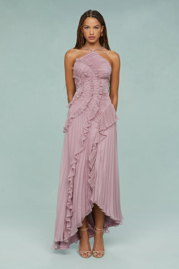 Ava | Women's Pleated Halter Midi Dress with Ruffles