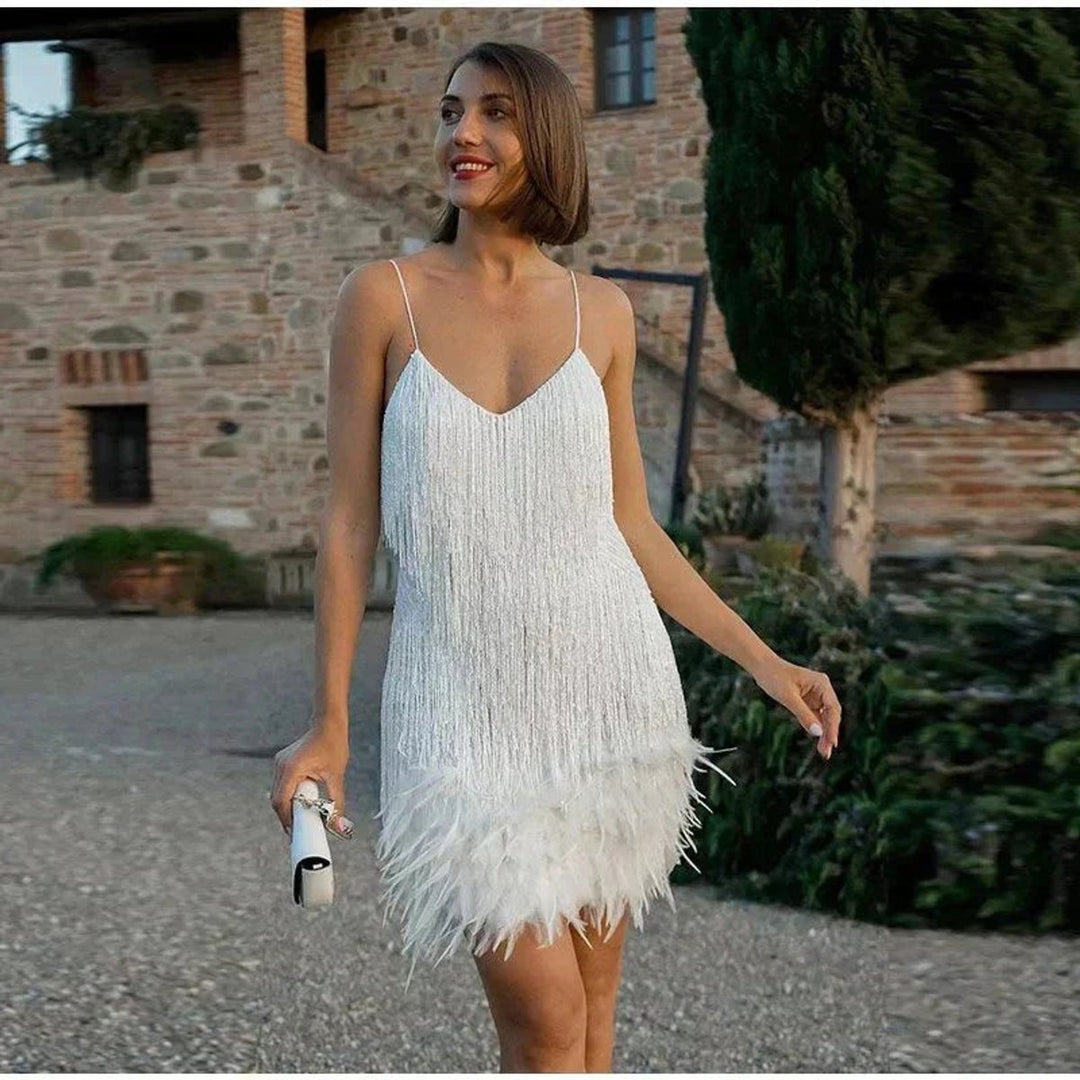Bella | Women's Sequin Fringe Mini Dress Cocktail with Feather Trim