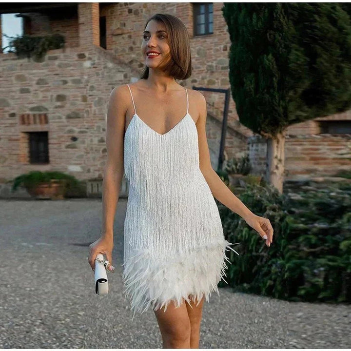 Bella | Women's Sequin Fringe Mini Dress Cocktail with Feather Trim