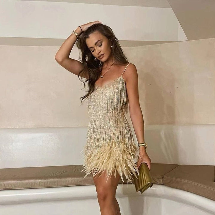 Bella | Women's Sequin Fringe Mini Dress Cocktail with Feather Trim