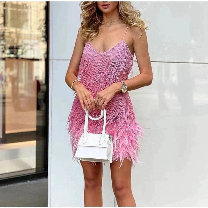 Bella | Women's Sequin Fringe Mini Dress Cocktail with Feather Trim