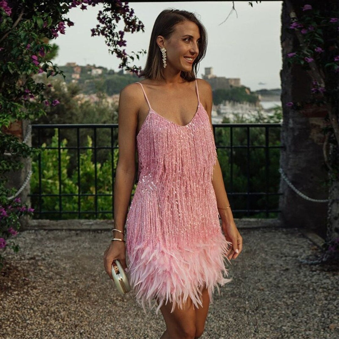 Bella | Women's Sequin Fringe Mini Dress Cocktail with Feather Trim