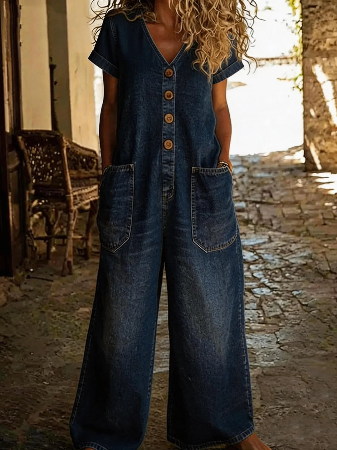 Chloe | Women's Denim Jumpsuit Wide Leg with Short Sleeves