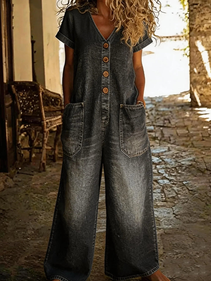 Chloe | Women's Denim Jumpsuit Wide Leg with Short Sleeves
