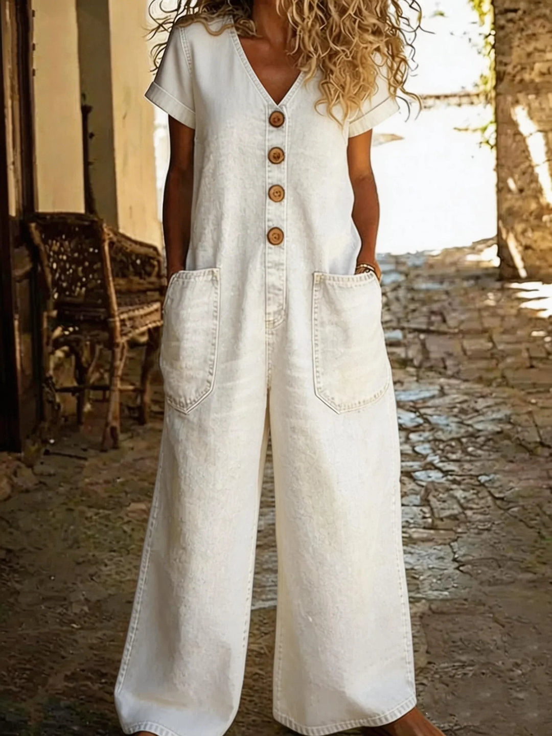 Chloe | Women's Denim Jumpsuit Wide Leg with Short Sleeves