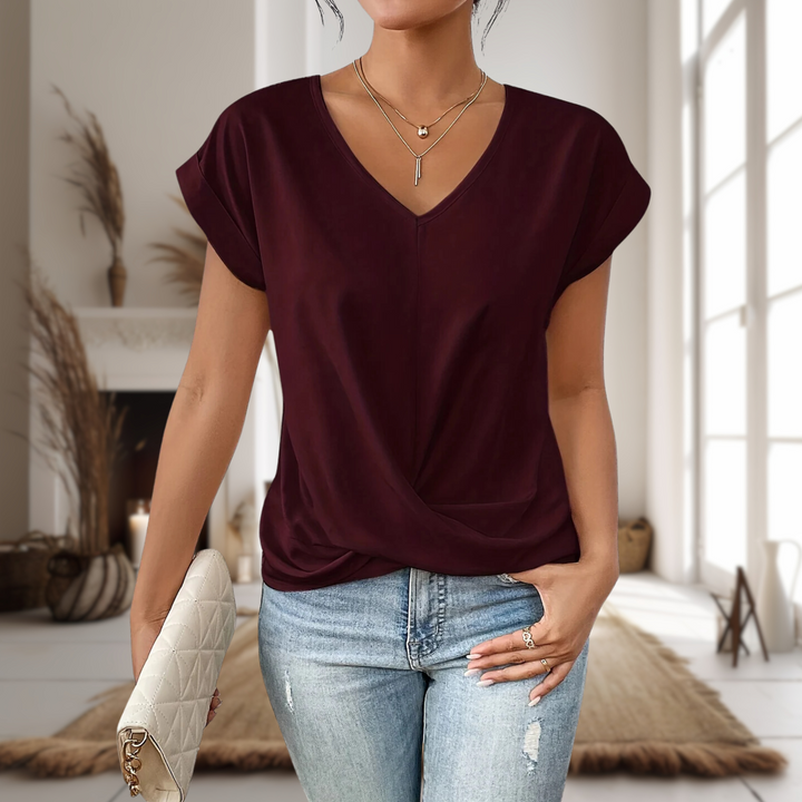 Claire | Women's Short Sleeve V-Neck Blouse with Twisted Hem