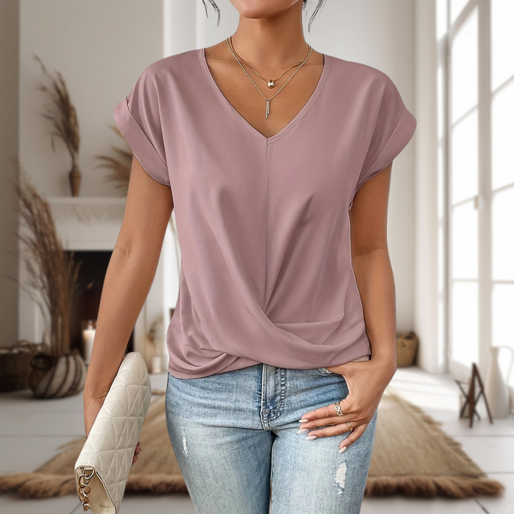 Claire | Women's Short Sleeve V-Neck Blouse with Twisted Hem