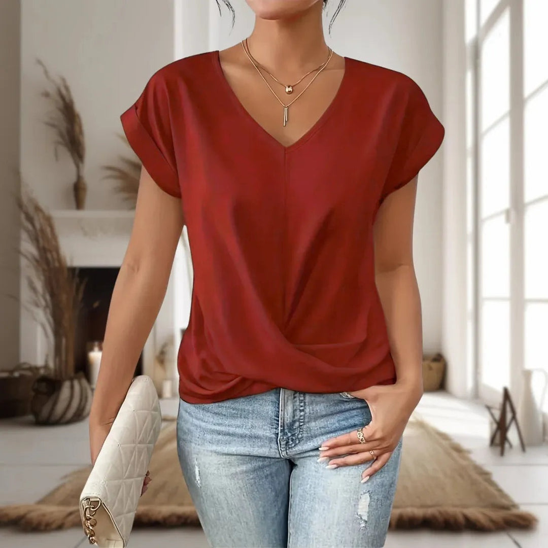 Claire | Women's Short Sleeve V-Neck Blouse with Twisted Hem