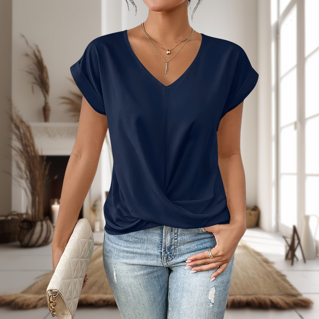 Claire | Women's Short Sleeve V-Neck Blouse with Twisted Hem