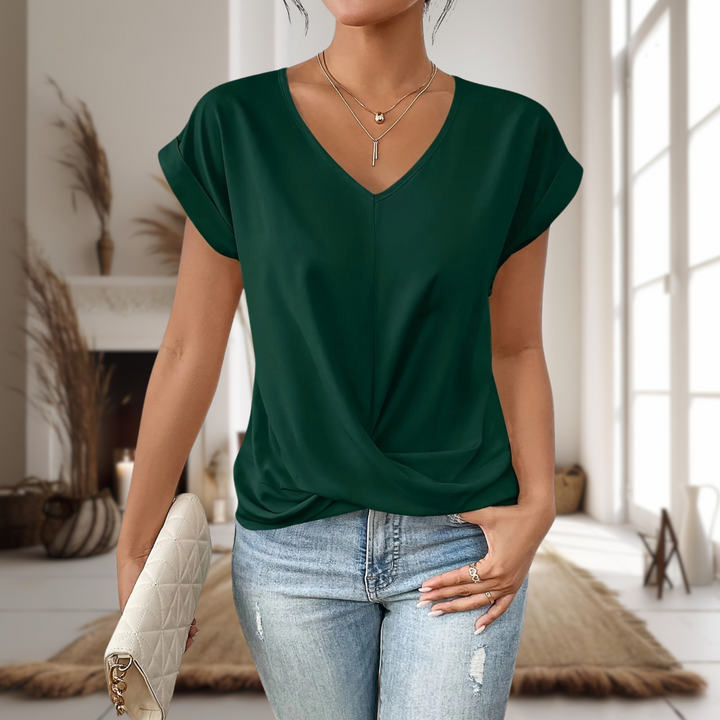 Claire | Women's Short Sleeve V-Neck Blouse with Twisted Hem
