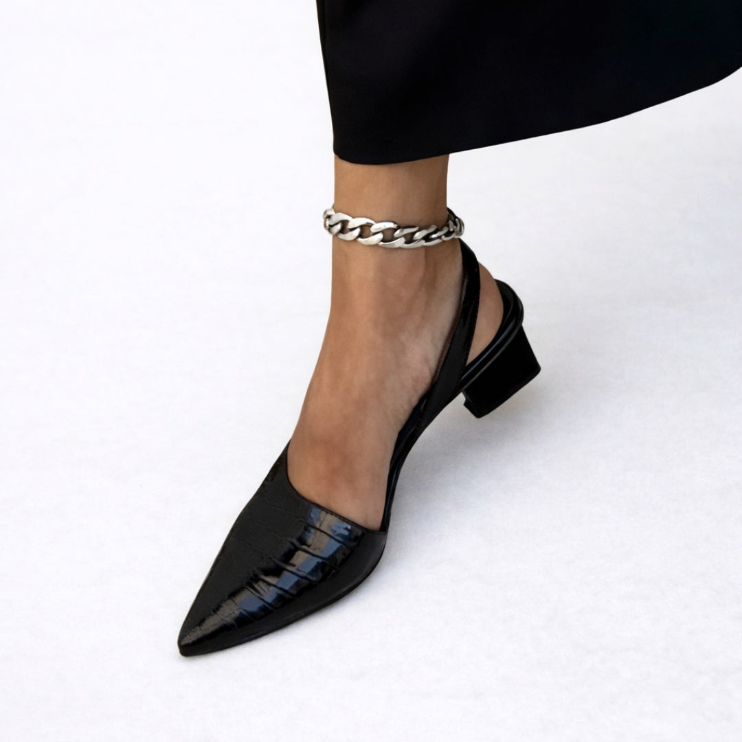 Eleanor | Women's Kitten Heels Slingback Pointed Toe Croc-Effect