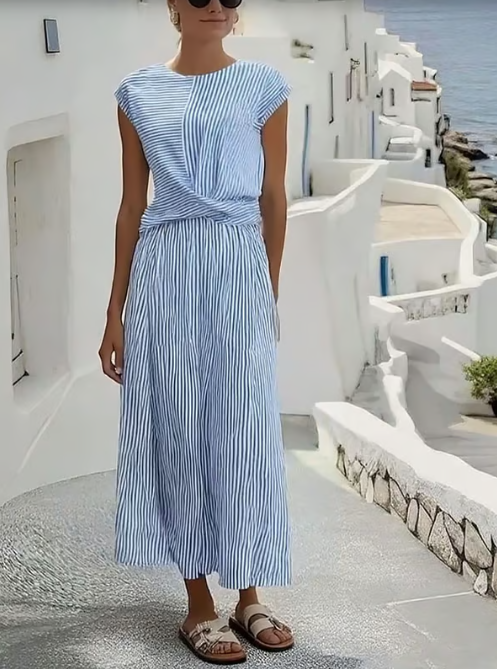 Ella | Women's Striped Summer Maxi Dress with Twist Front