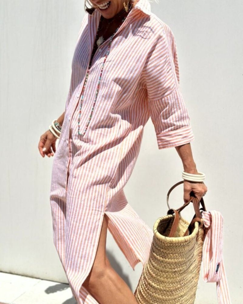 Emily | Women's Striped Summer Midi Shirt Dress with Side Slit