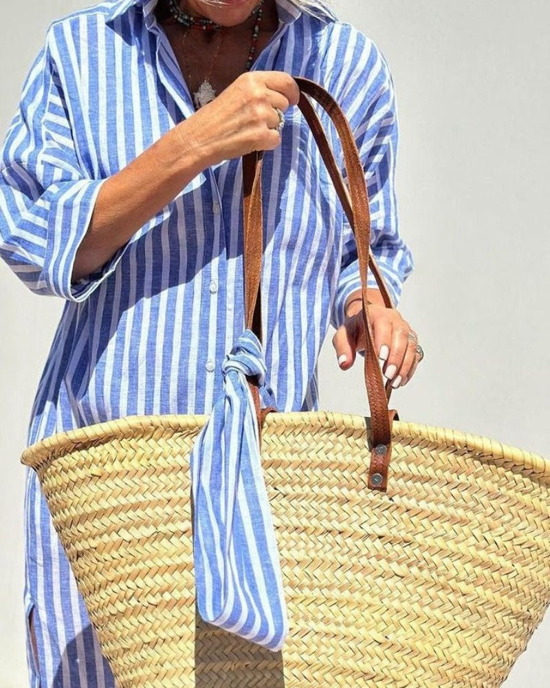 Emily | Women's Striped Summer Midi Shirt Dress with Side Slit