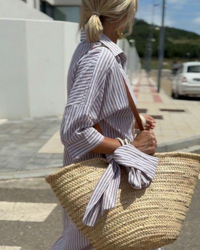 Emily | Women's Striped Summer Midi Shirt Dress with Side Slit