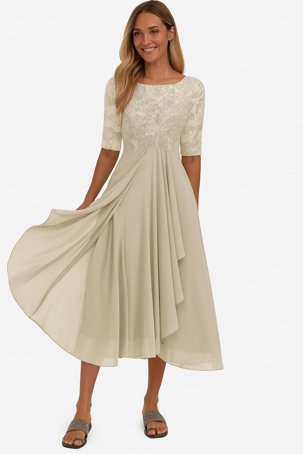 Evelyn | Women's Lace Chiffon Midi Cocktail Dress with Sleeves