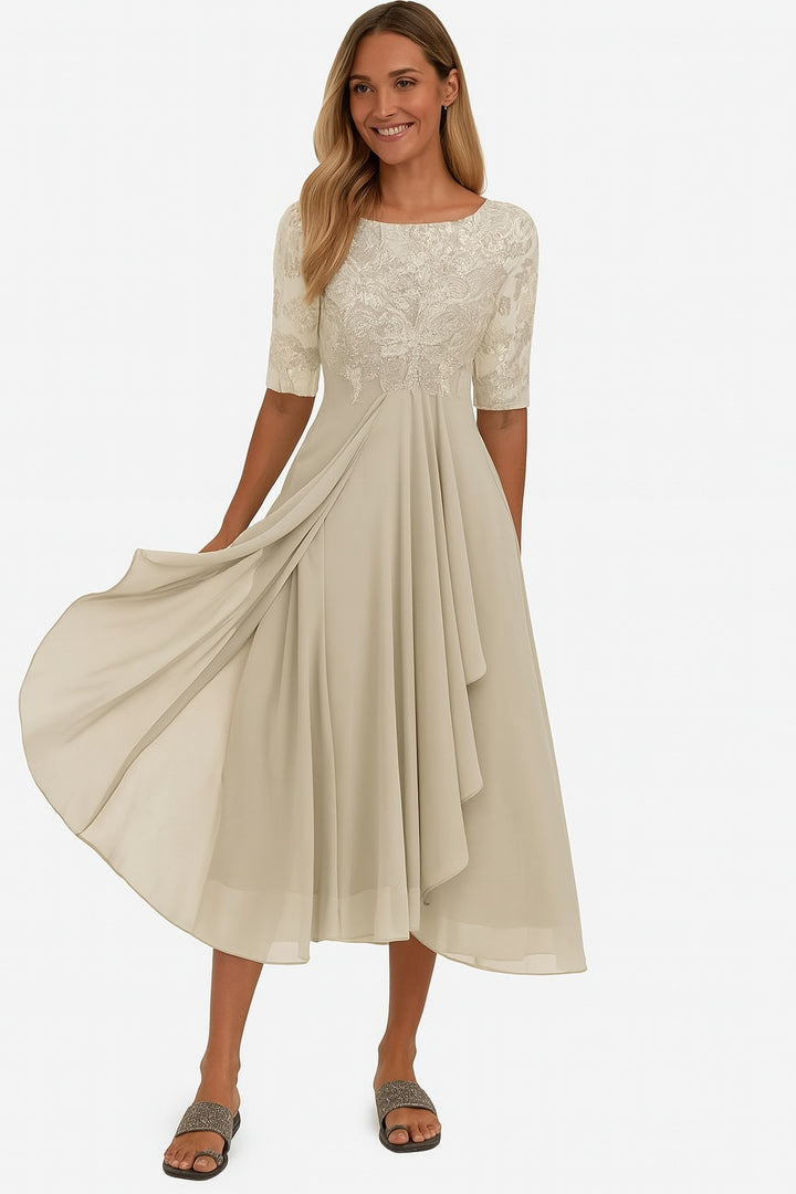 Evelyn | Women's Lace Chiffon Midi Cocktail Dress with Sleeves