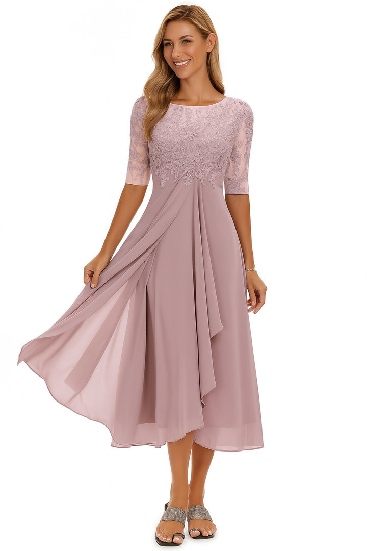 Evelyn | Women's Lace Chiffon Midi Cocktail Dress with Sleeves