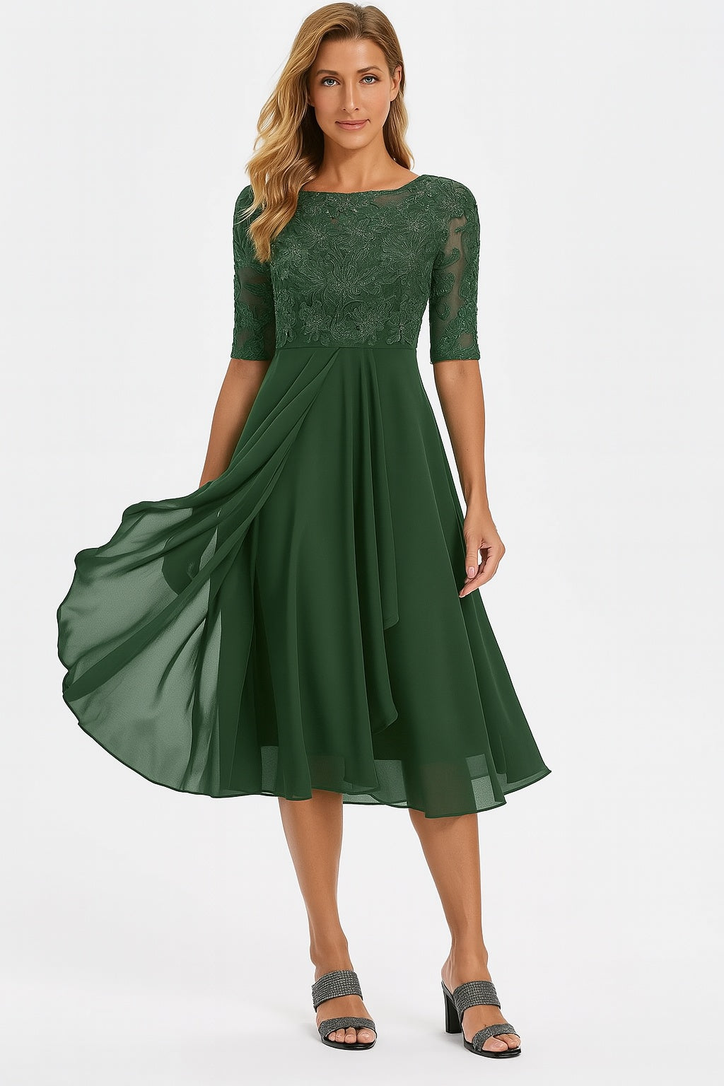 Evelyn | Women's Lace Chiffon Midi Cocktail Dress with Sleeves