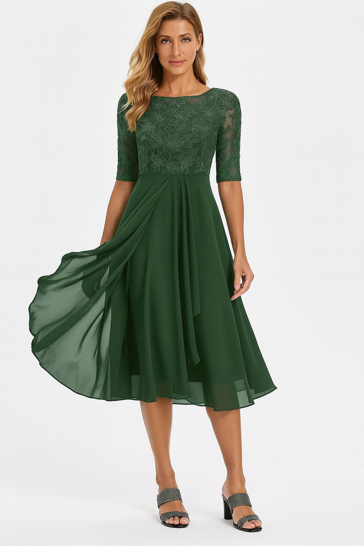 Evelyn | Women's Lace Chiffon Midi Cocktail Dress with Sleeves