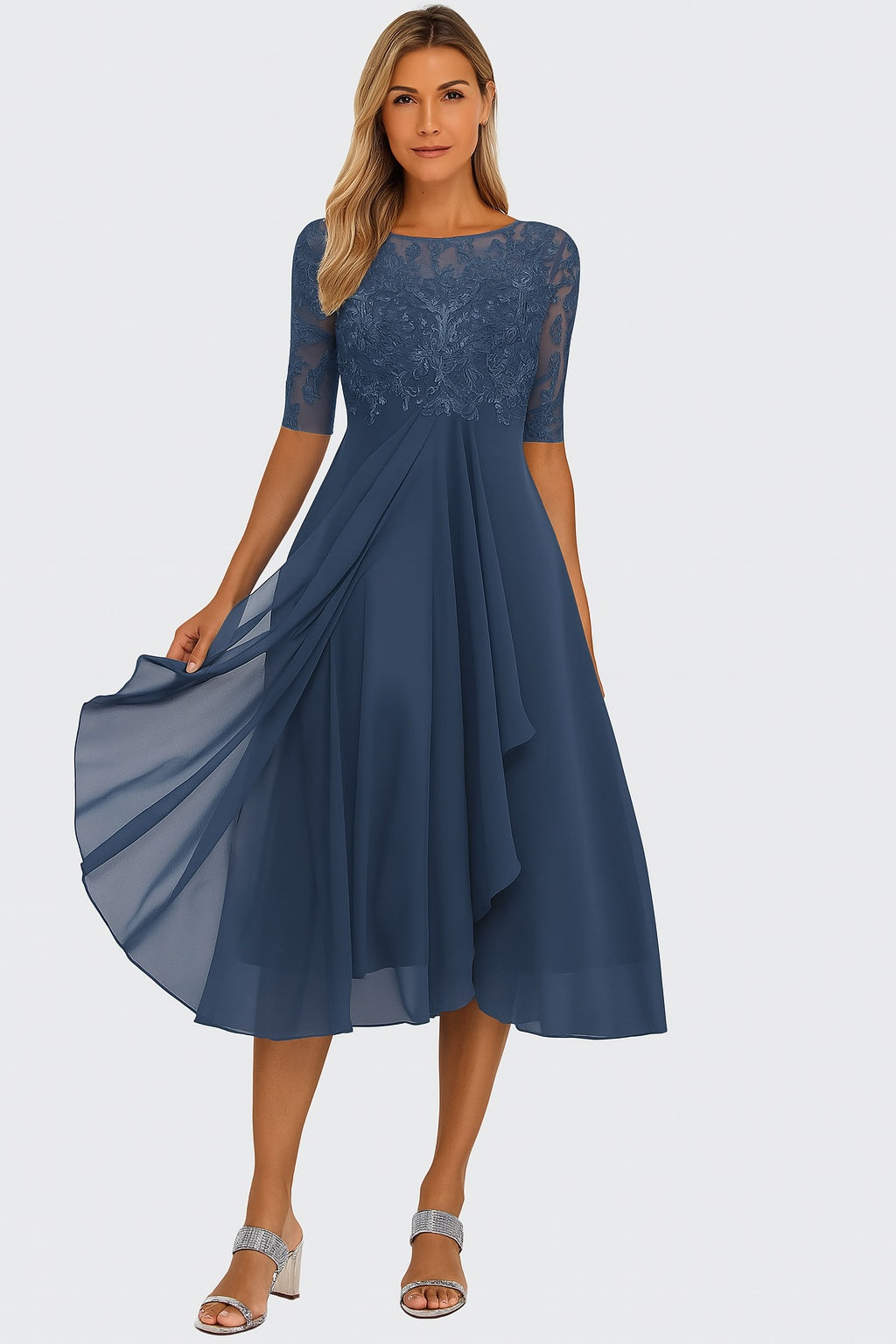 Evelyn | Women's Lace Chiffon Midi Cocktail Dress with Sleeves