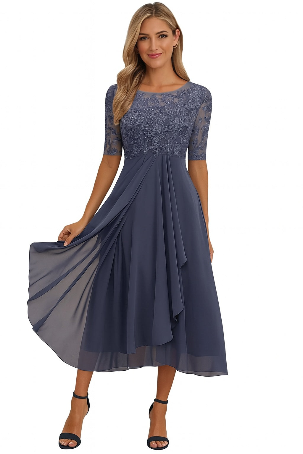 Evelyn | Women's Lace Chiffon Midi Cocktail Dress with Sleeves