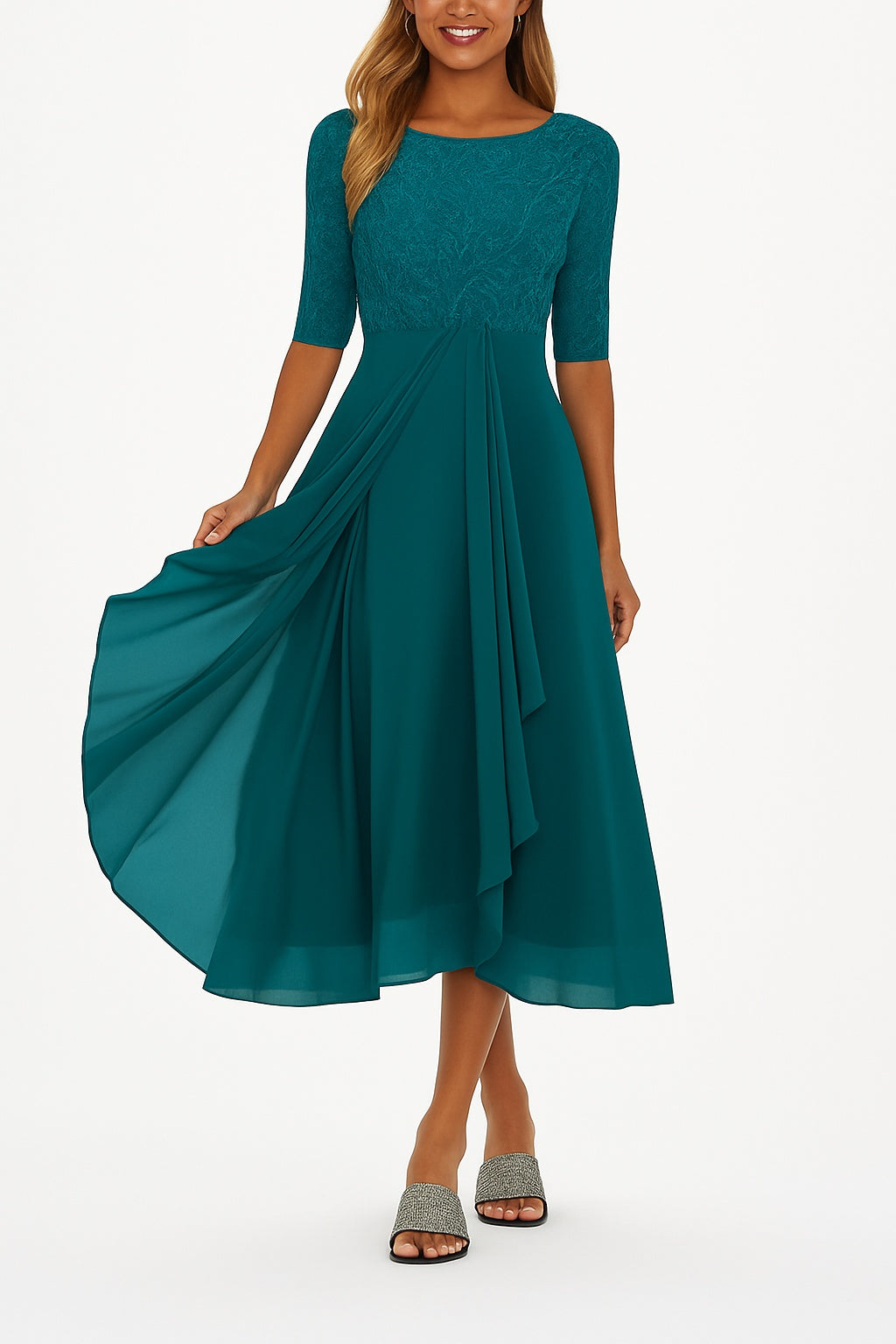 Evelyn | Women's Lace Chiffon Midi Cocktail Dress with Sleeves