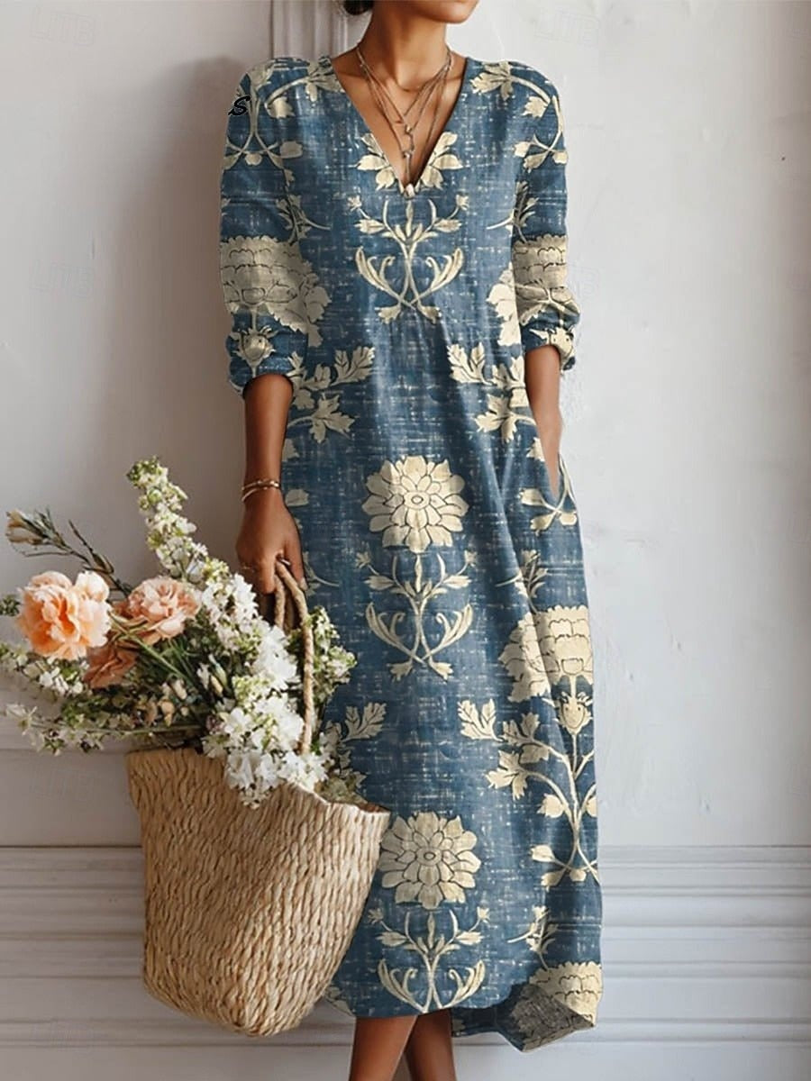 Frances | Women's Floral Linen Dress Midi V Neck