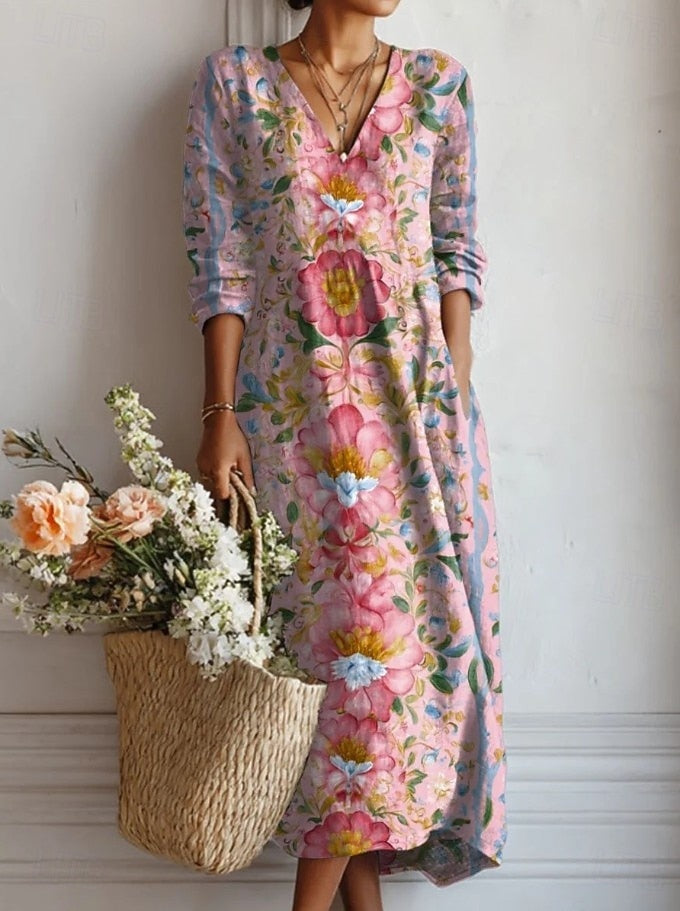 Frances | Women's Floral Linen Dress Midi V Neck